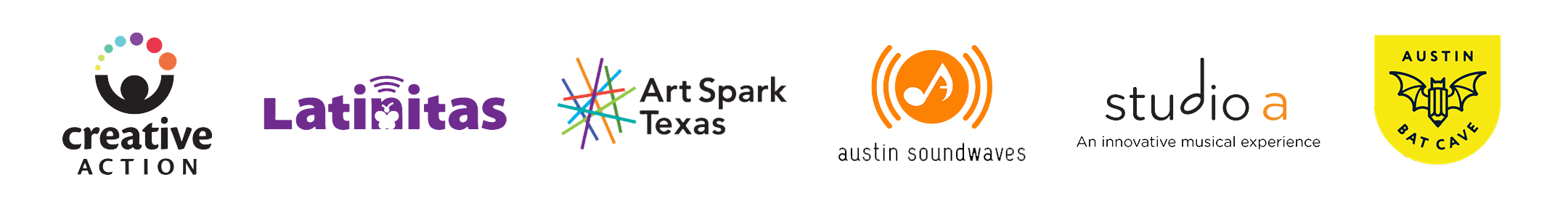 Logos of Creative Action, Latinitas, Art Spark Texas, Austin Soundwaves, Studio A, and Austin Bat Cave.
