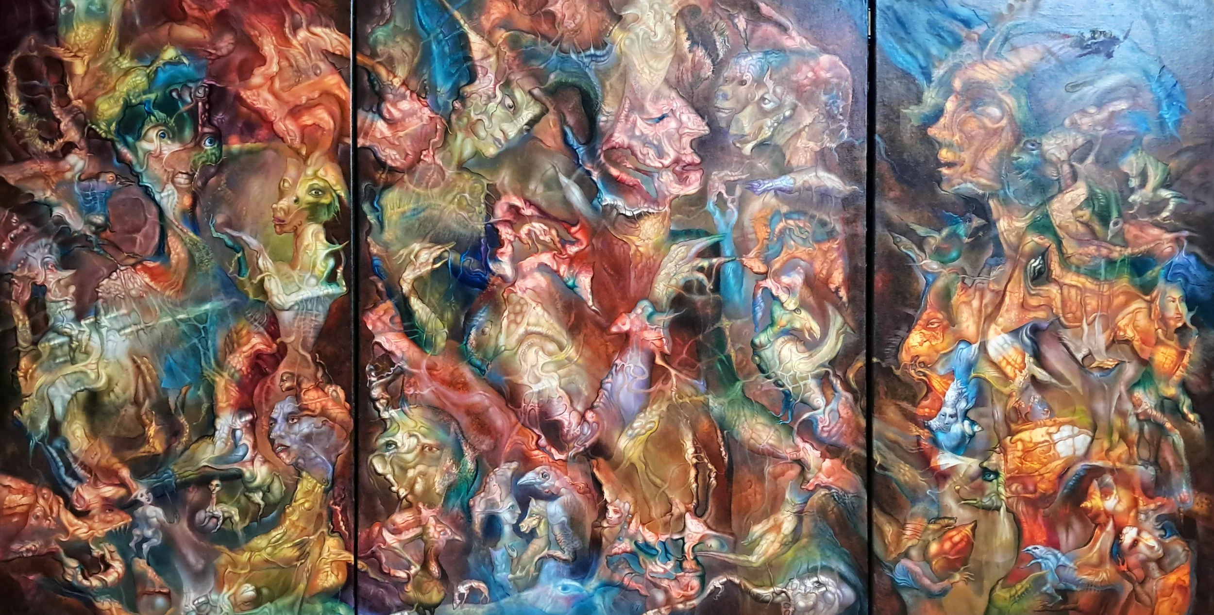 three panel painting with multiple fantastic figures