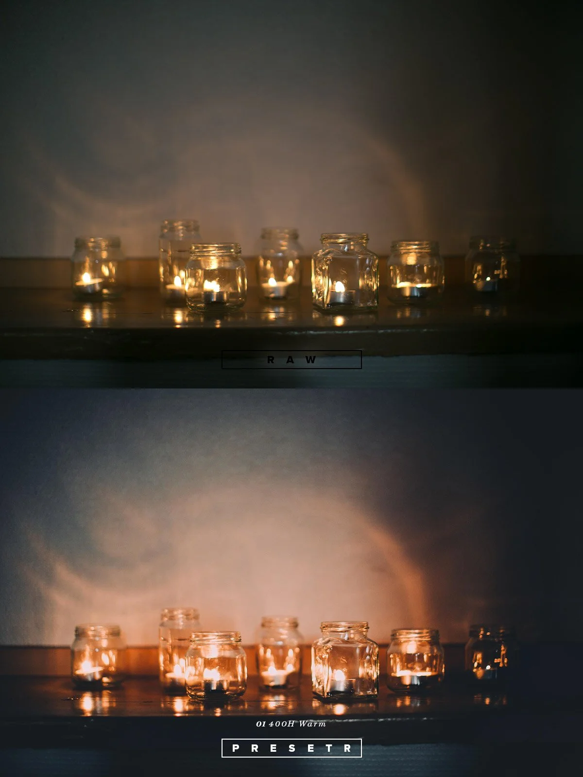Two photos of glass candle holders on a wooden surface, lit with candles. The top photo is labeled 'RAW' and has a cooler, natural light tone. The bottom photo is labeled 'PRESET' and has a warmer, orange-toned light.