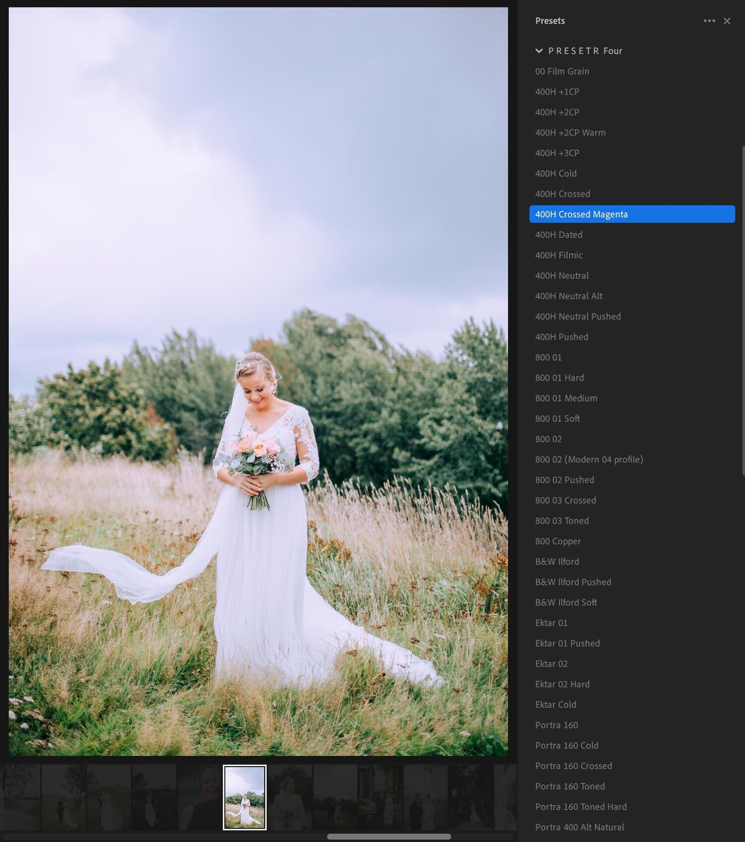 A bride in a white wedding dress holding a bouquet of flowers, standing outdoors in a grassy field with trees in the background under a cloudy sky.