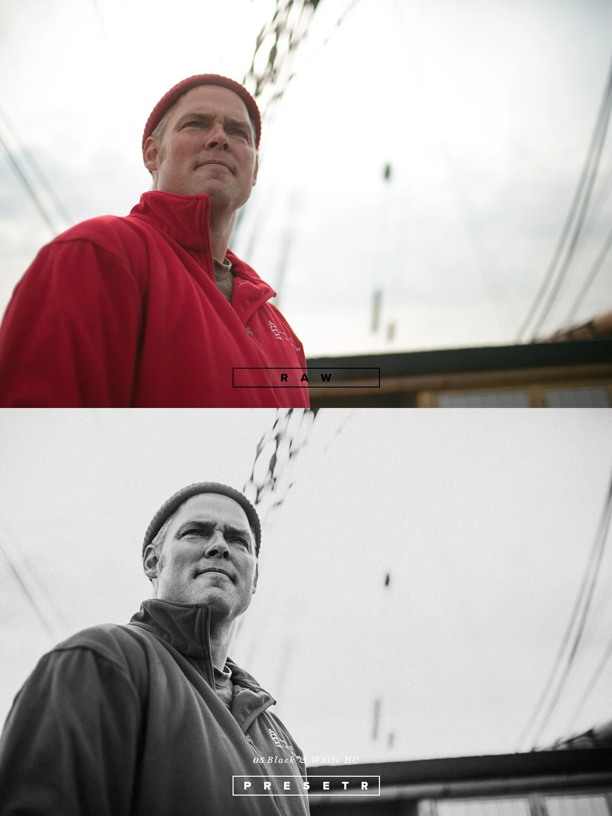 A man wearing a red jacket and a red beanie watching something in the sky, with an overcast sky and power lines in the background.
