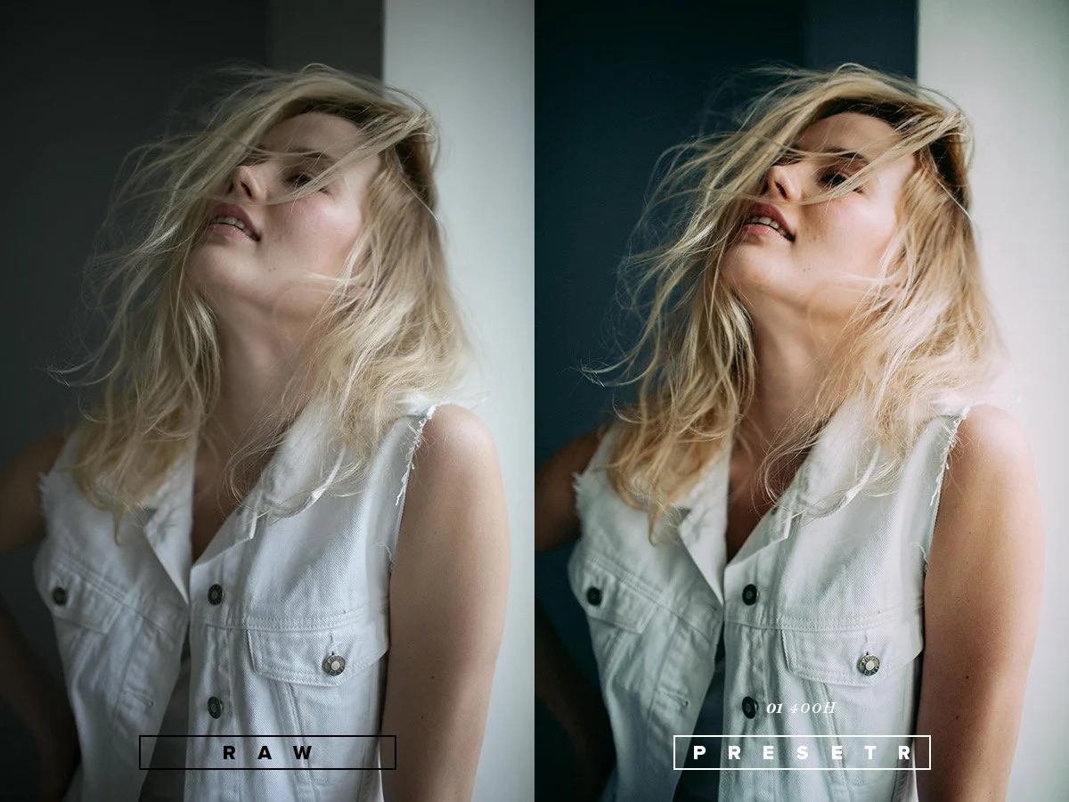 Side-by-side comparison of a woman with tousled blonde hair and a white sleeveless denim vest, showing a raw photo on the left and a preset edited photo on the right.