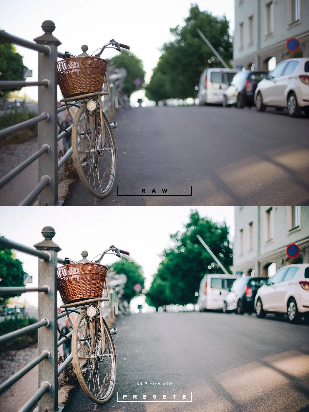 Two photos of a street scene showing a bicycle with a wicker basket parked against a railing, with cars and trees in the background, one image labeled "RAW" and the other labeled "PRESET."