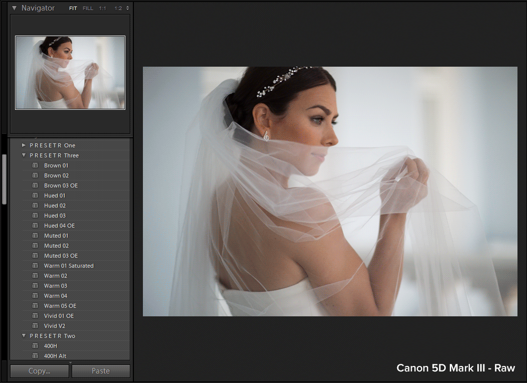 A bride with dark hair styled in an updo wearing a tiara, white gown, and earrings, holding a sheer veil near her face, looking thoughtfully outside a window.