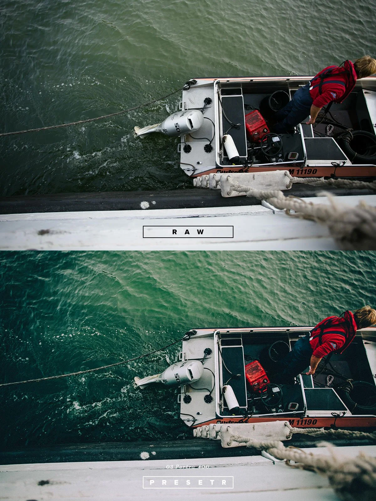 Top and bottom of the same image showing a boat with a person on board next to a sea wall or dock, with water and an outboard motor visible.