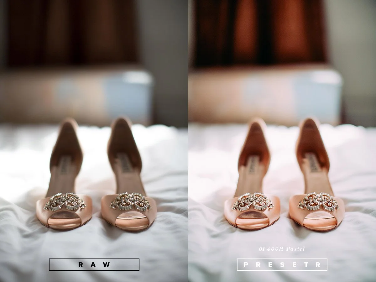 Pair of pink open-toe heels with jeweled embellishments on a white bed with a wooden headboard in the background, shown in two versions: RAW and preset