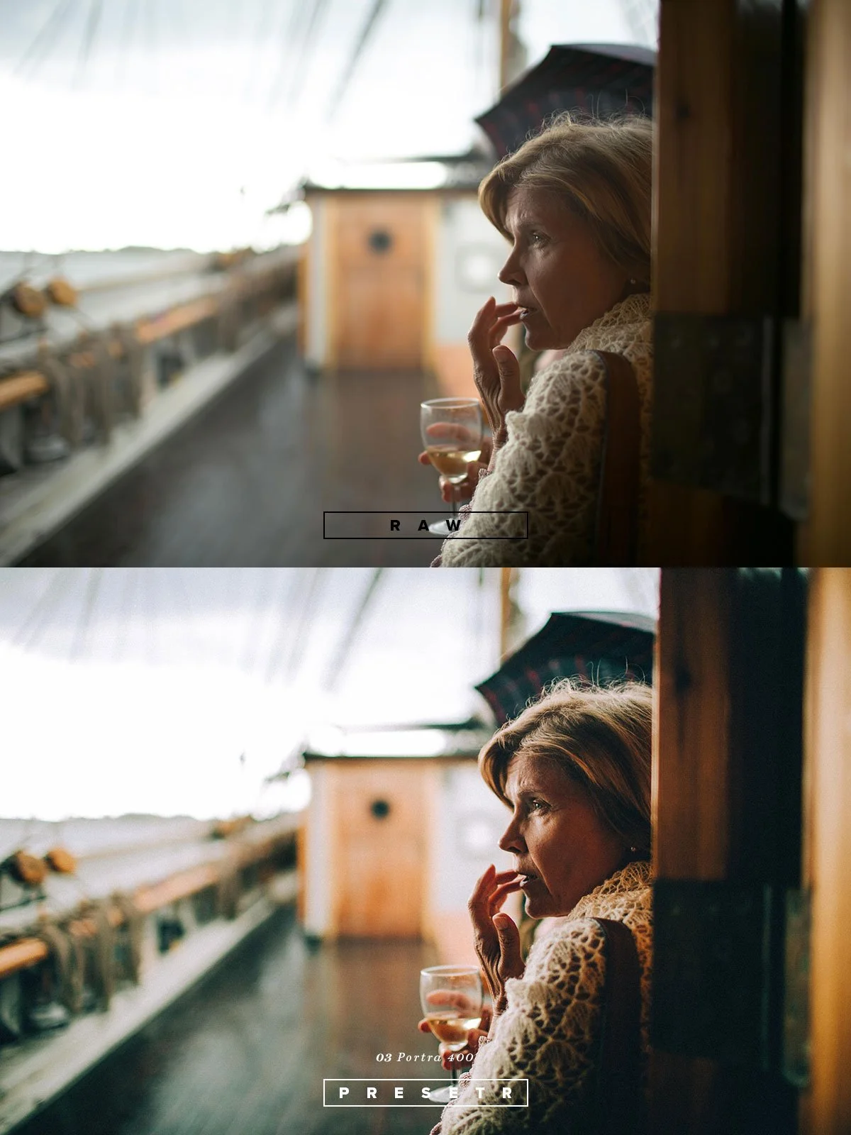 Side profile of a woman with short blonde hair wearing a cream lace blouse, sitting with a glass of wine on a patio or balcony, looking contemplatively into the distance.