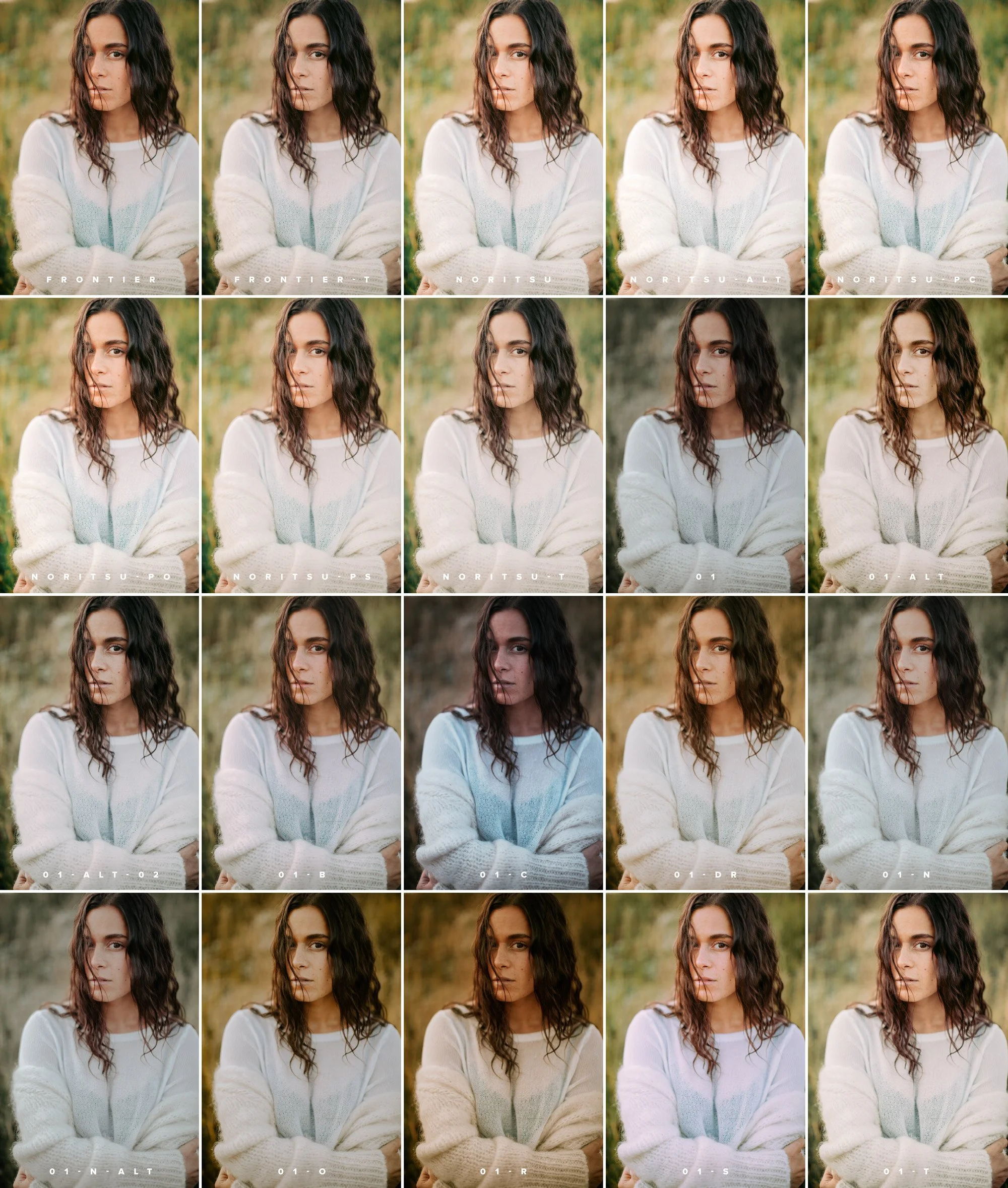 A grid of 20 portrait photos of a woman with wavy dark hair wearing a white sweater, taken outdoors with a blurred natural background, showcasing different filters and color adjustments.