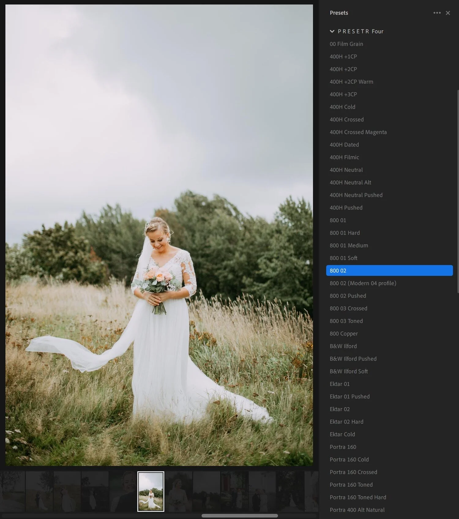A bride in a white wedding dress holding a bouquet of flowers standing in a grassy field with trees in the background on a cloudy day.