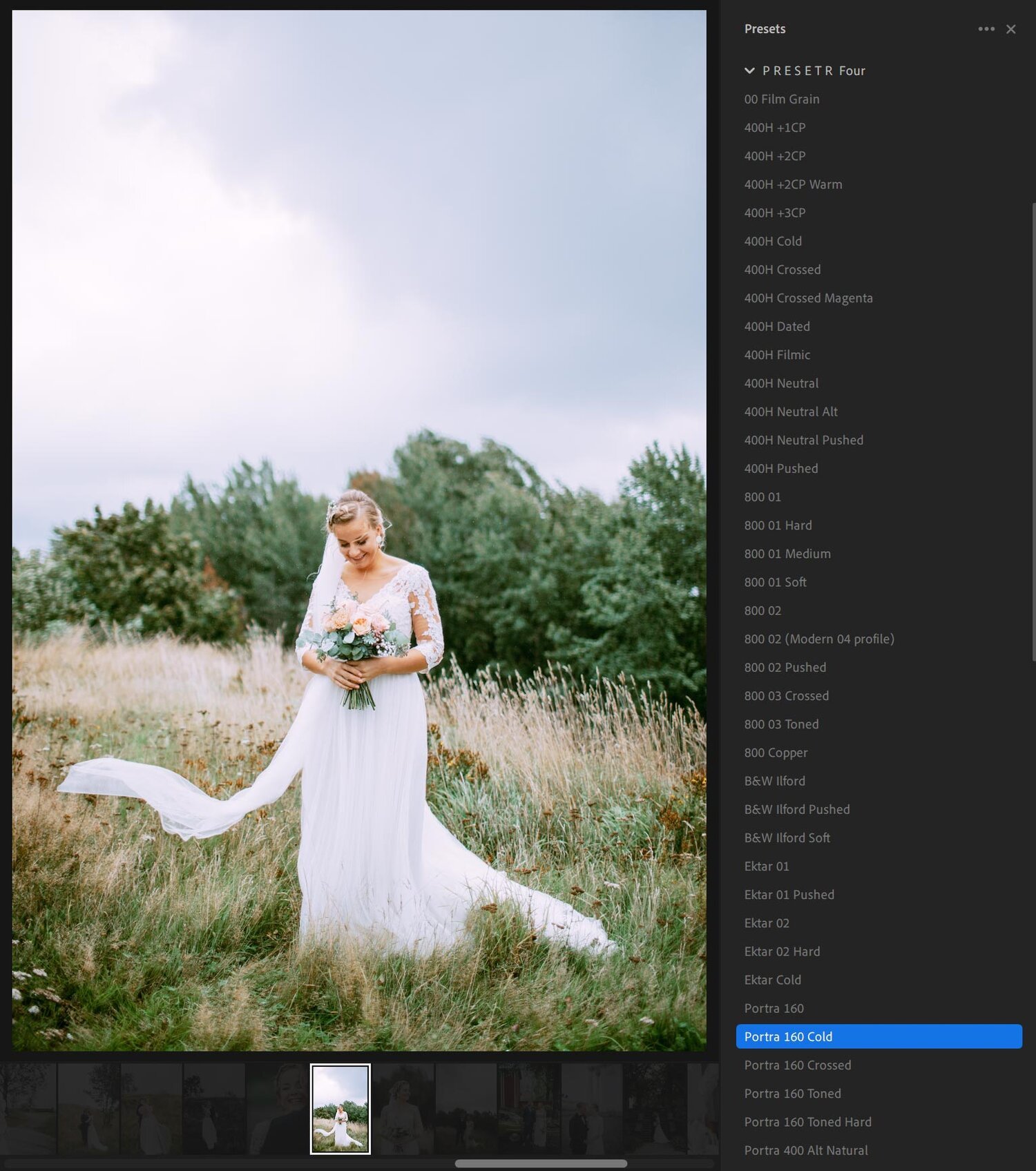 A bride in a white wedding dress holding a bouquet, standing outdoors in a grassy field with trees in the background under a cloudy sky.