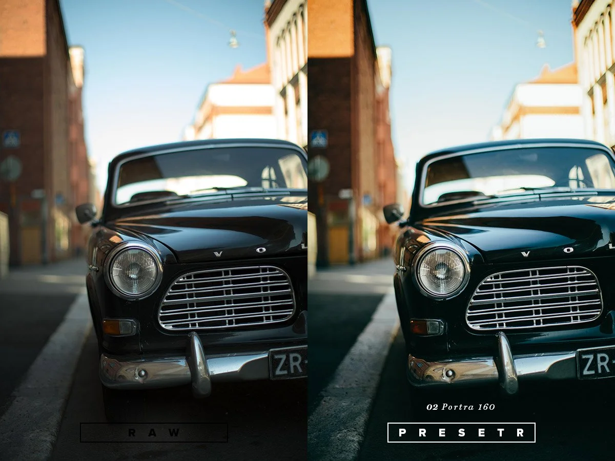 Side-by-side comparison of a vintage black Volvo car parked on a city street, with the left image labeled "RAW" and the right image labeled "PRESET R" showing a filter effect.