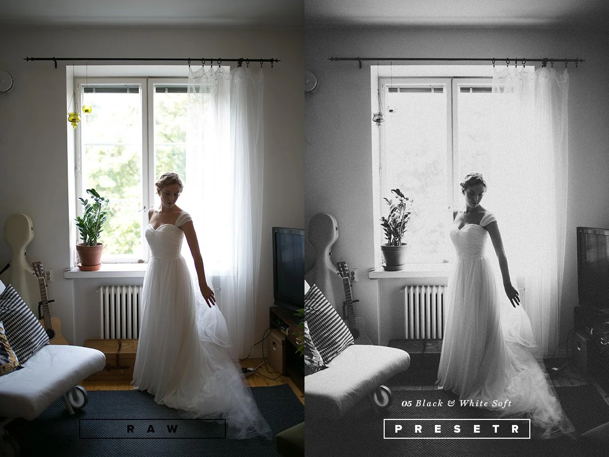A woman in a white wedding dress standing in a living room with a window, potted plant, guitar, and television, shown in color on the left and in black and white on the right.
