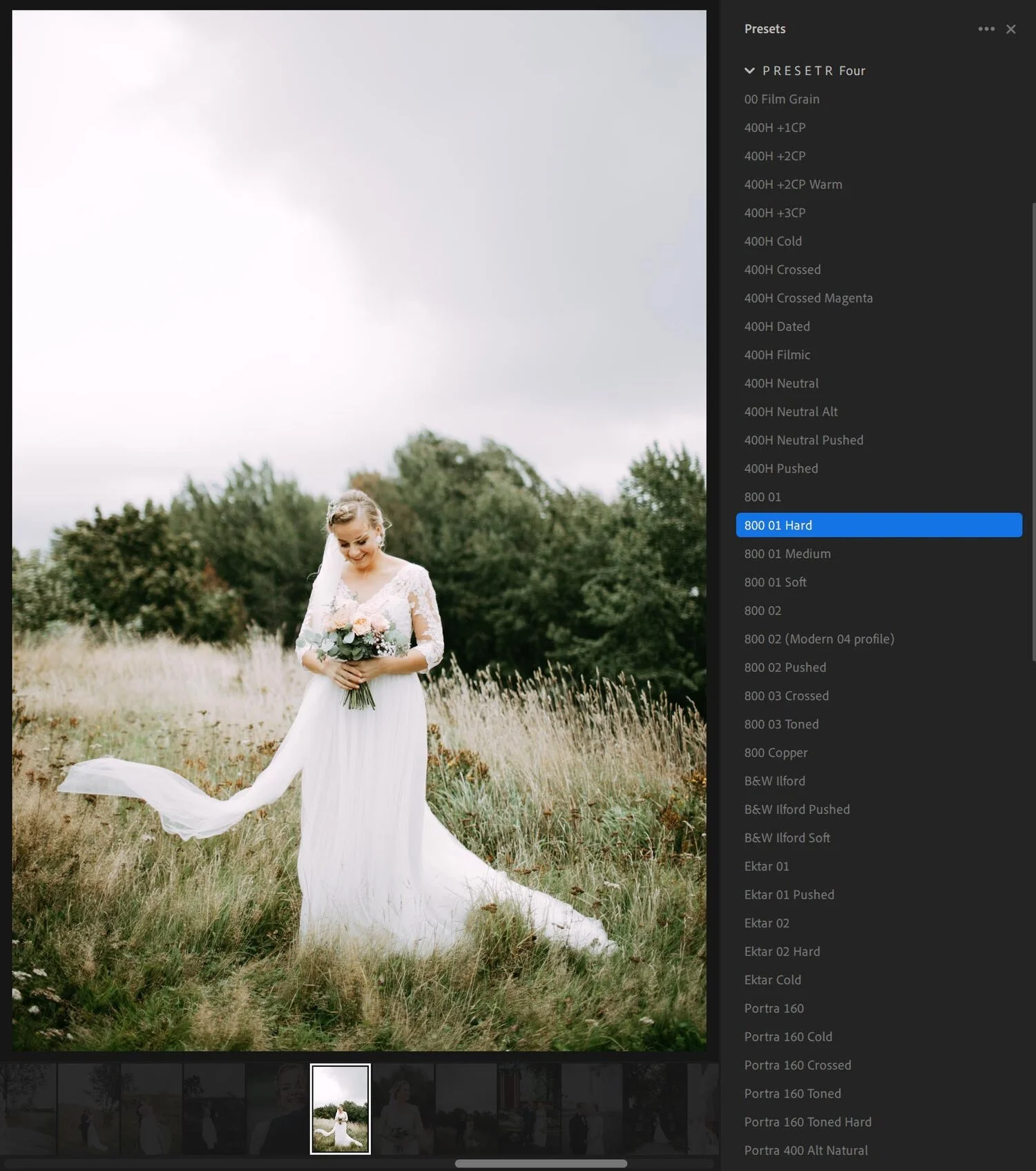 A bride in a white wedding dress holding a bouquet of flowers, standing outdoors in a grassy field with trees in the background under a cloudy sky.