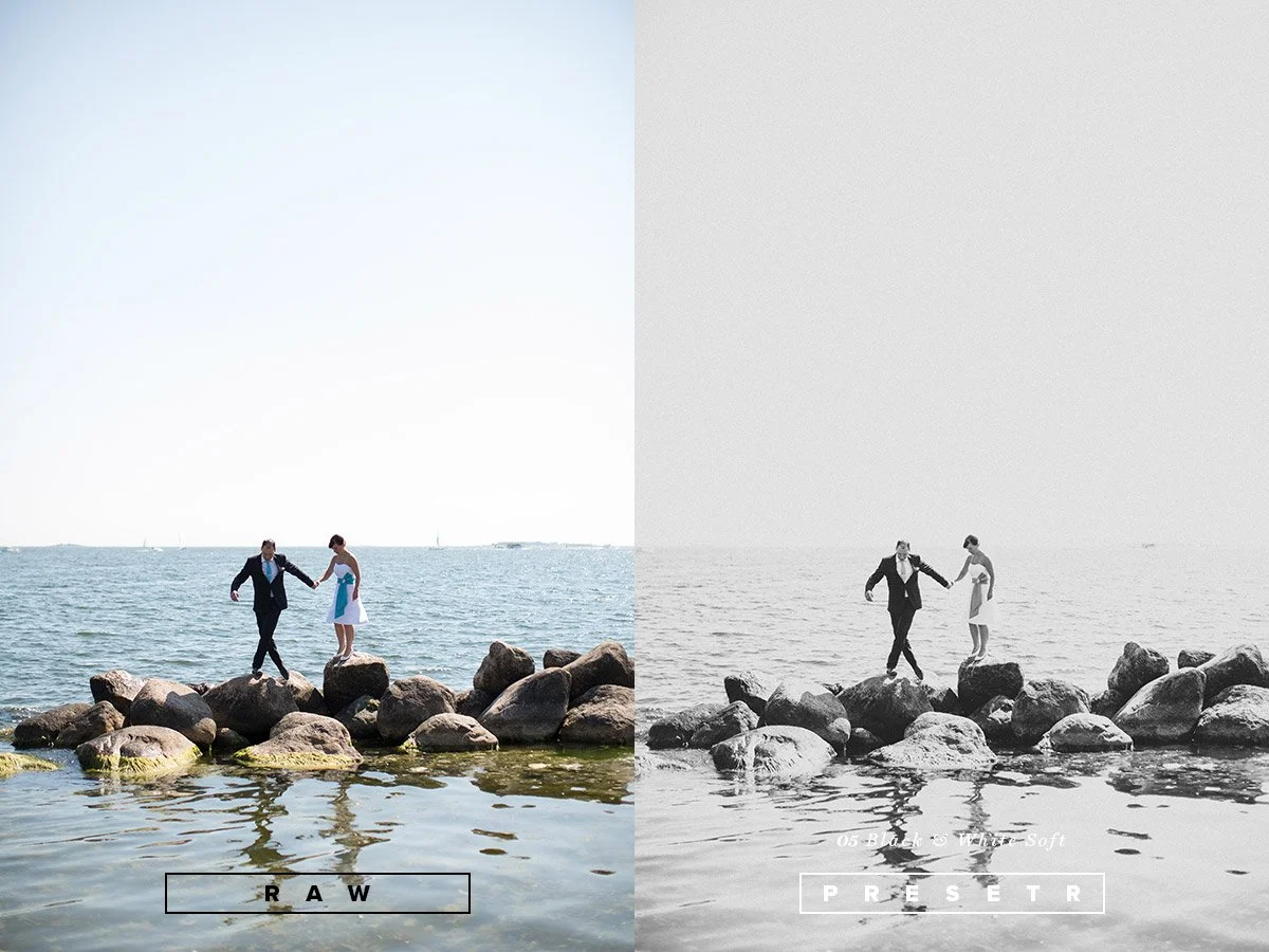 A couple in wedding attire walking on rocks by the water, with a split-screen showing a color version on the left labeled 'RAW' and a black-and-white version on the right labeled 'PRESET.'