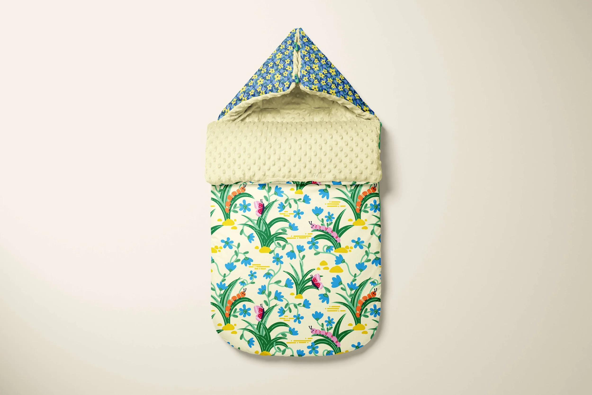 Children's sleeping bag featuring Will’s Garden Patch and Sneeze from the Wiggle and Bloom collection in Summer Lake colorway.