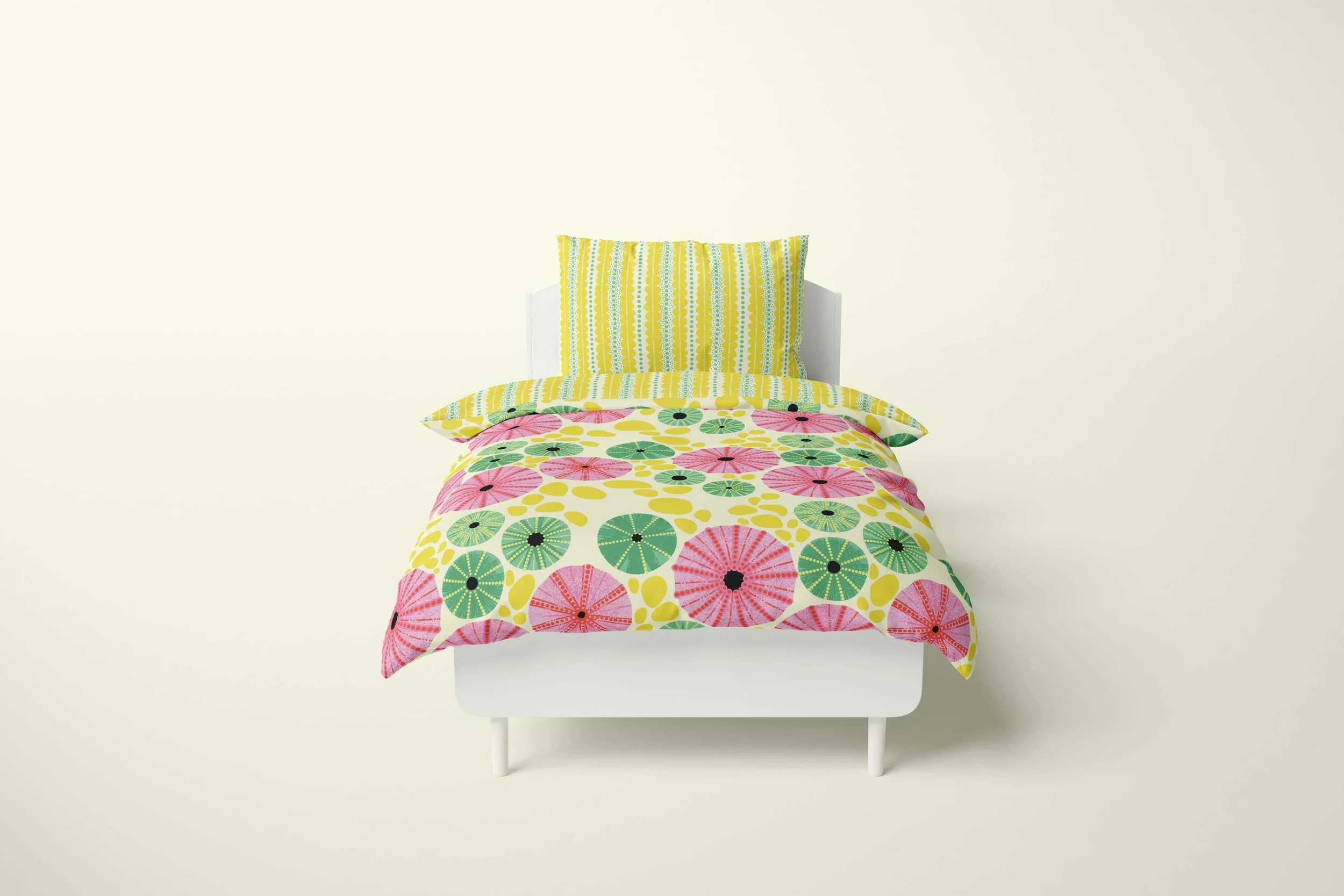Bedding set featuring Natural Treasures and Sea Urchin stripe from the Moonkelp Bay collection in Marine Blush colorway.