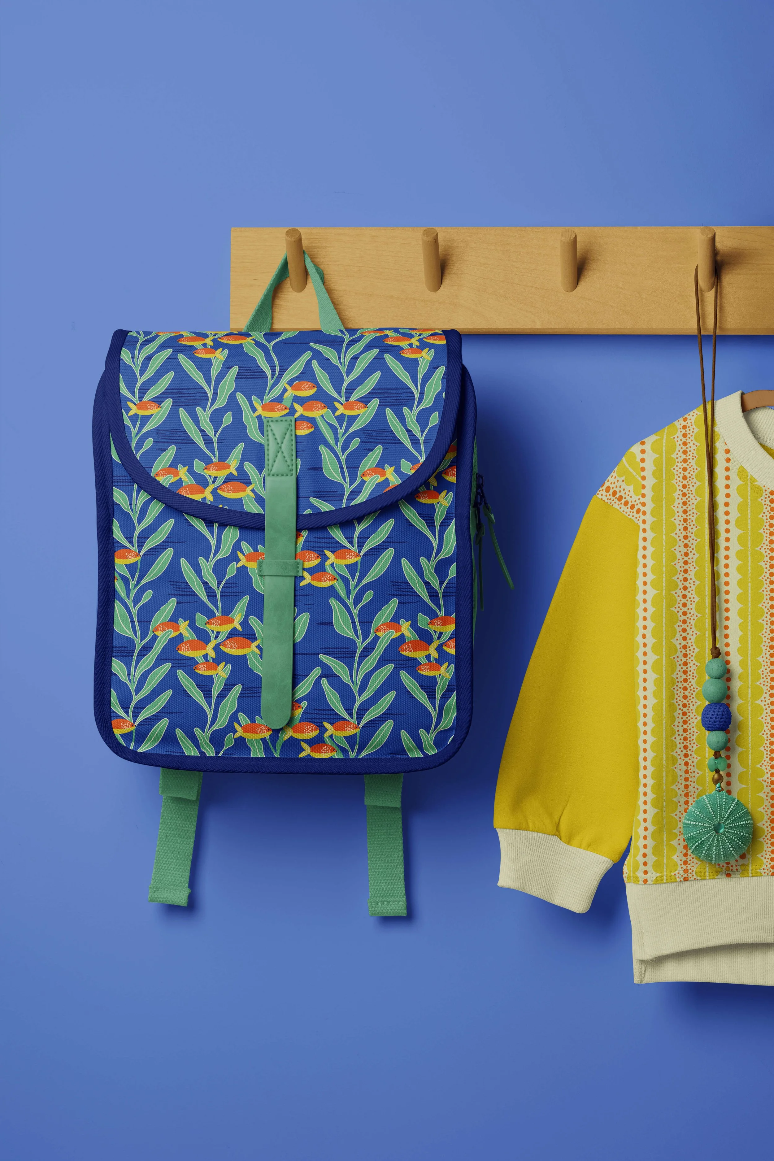 Backback and sweature featuring patterns from the Moonkelp Bay collection in Sunlit Tidal colorway.
