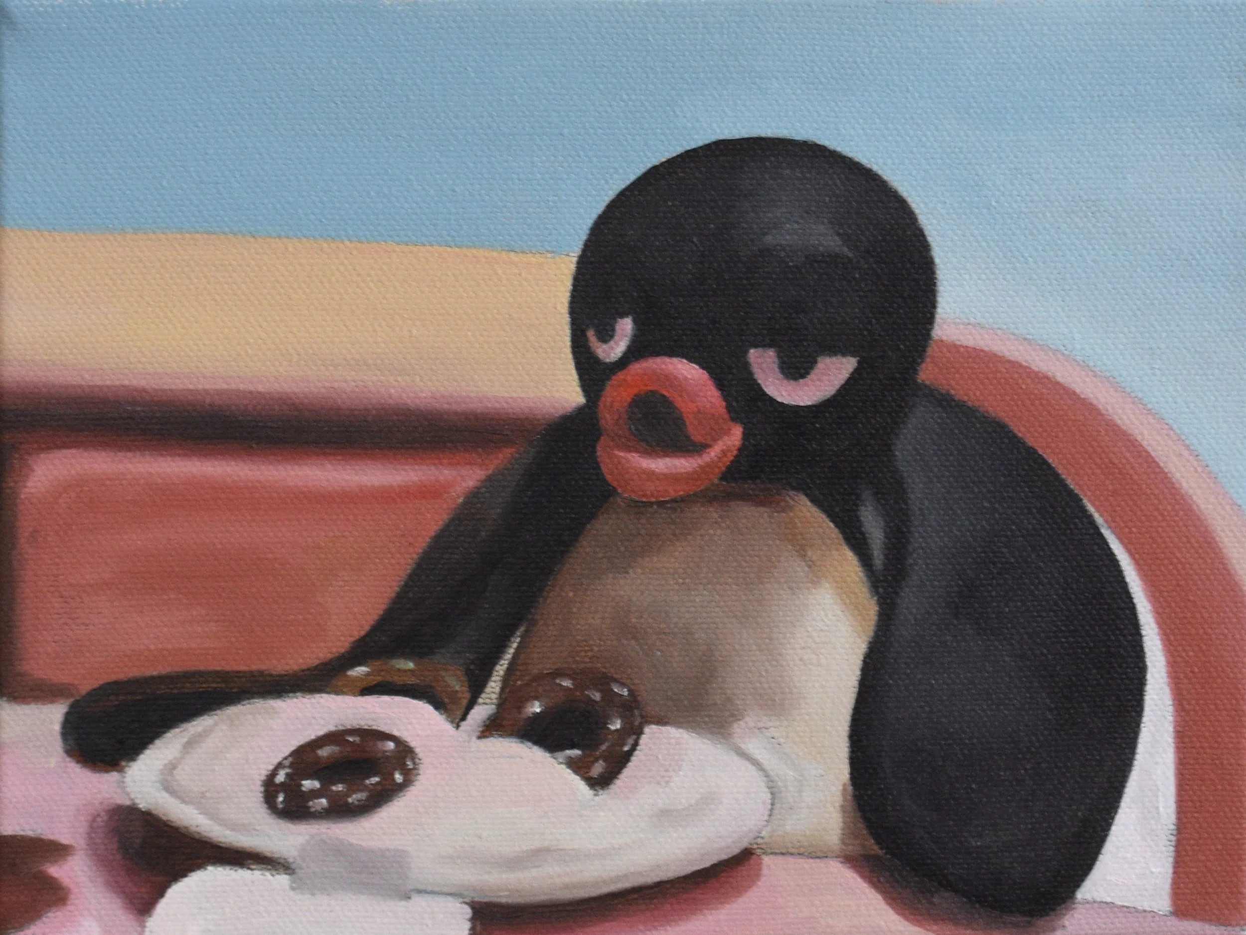 Painting of a cartoon penguin sitting at a table with a plate of donuts.