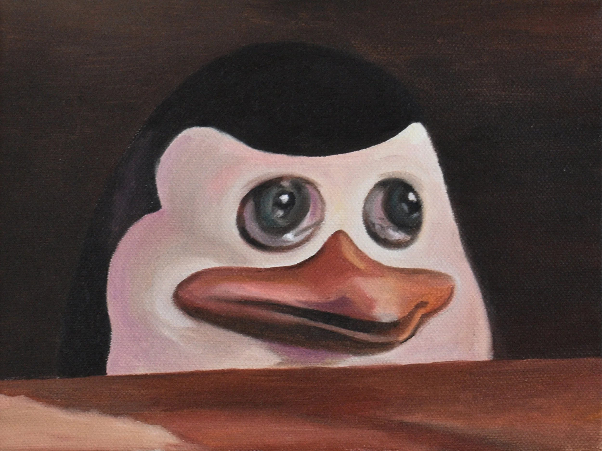 Surreal painting of a penguin with large eyes and a cartoon-like expression against a dark background.