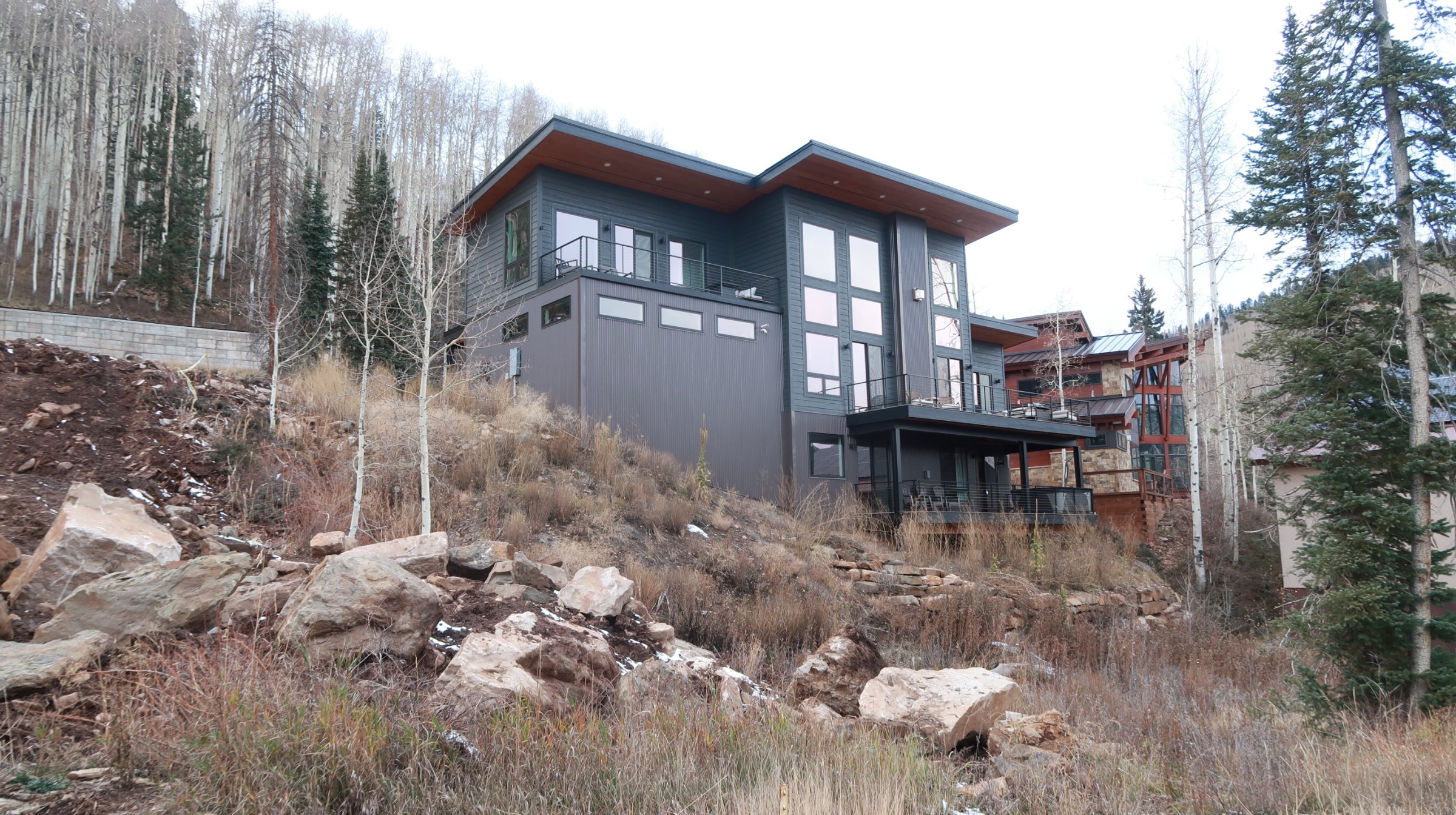 Modern house with large windows and decks on a hillside with rocks and sparse trees, surrounded by forested mountains.