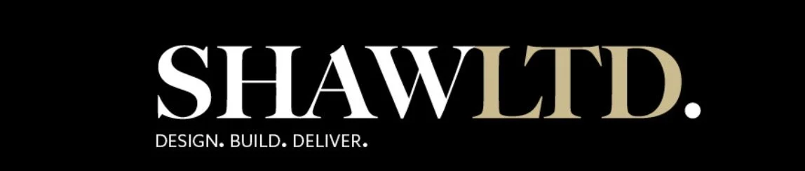 Black background with bold white and gold text reading 'SHAWLD.' and smaller white text below saying 'Design. Build. Deliver.'