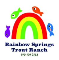 Colorful logo for Rainbow Springs Trout Ranch featuring a rainbow and five cartoon fish in green, orange, purple, blue, and red above the ranch name and phone number.