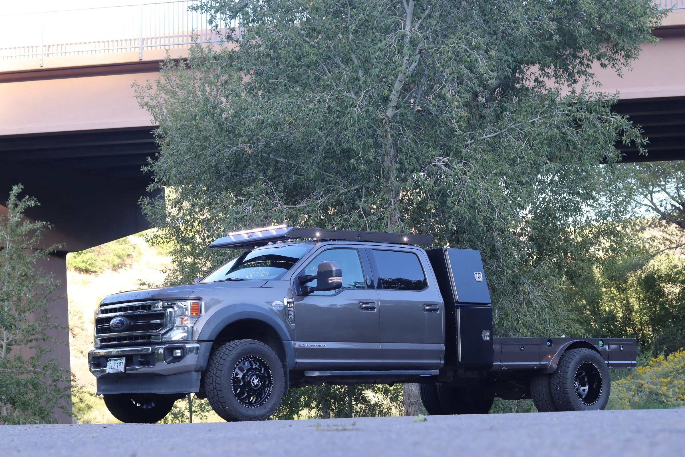 A gray Ford truck equipped with a utility bed and black custom wheels, parked on a paved surface beneath a bridge with green trees in the background.