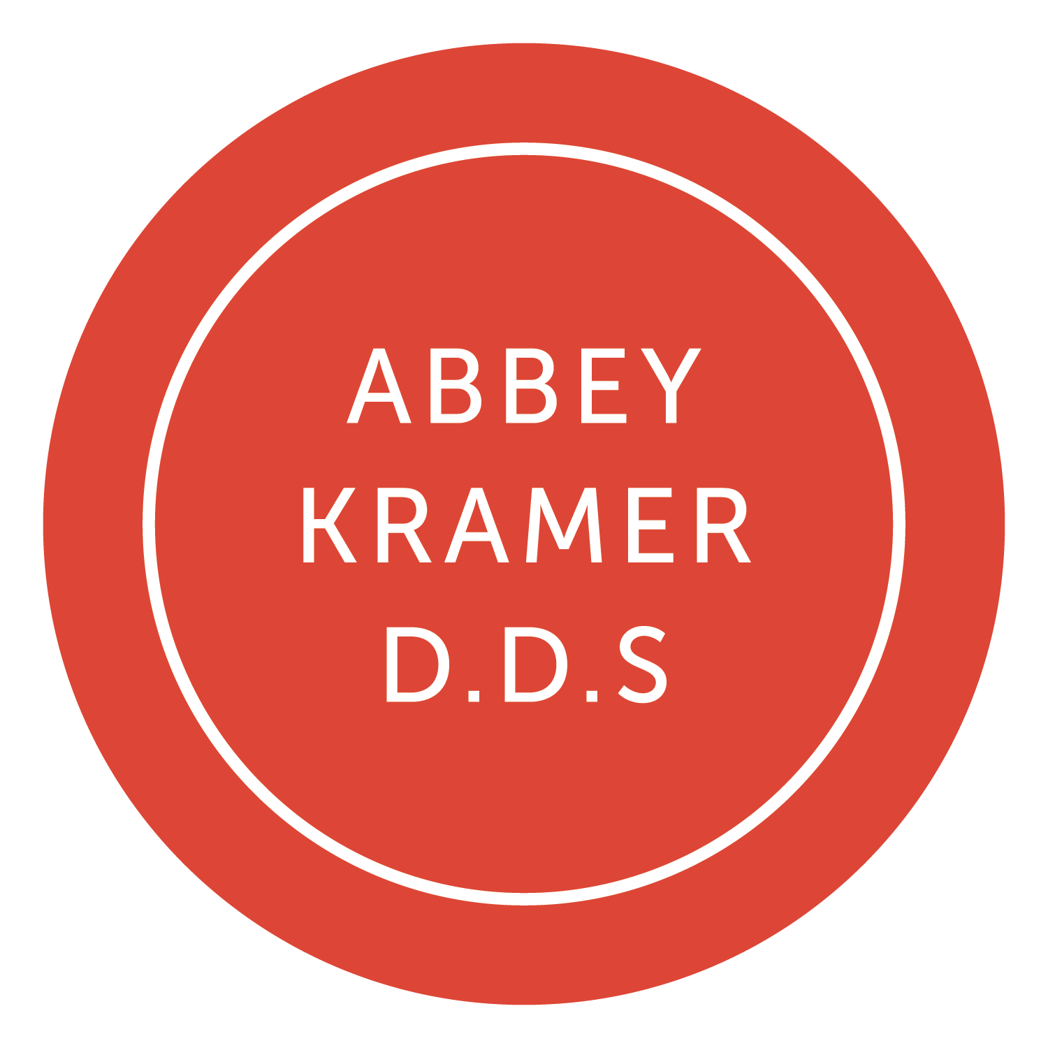 Red circular badge with white inner circle outline and text reading 'Abbey Kramer D.D.S' in the center.
