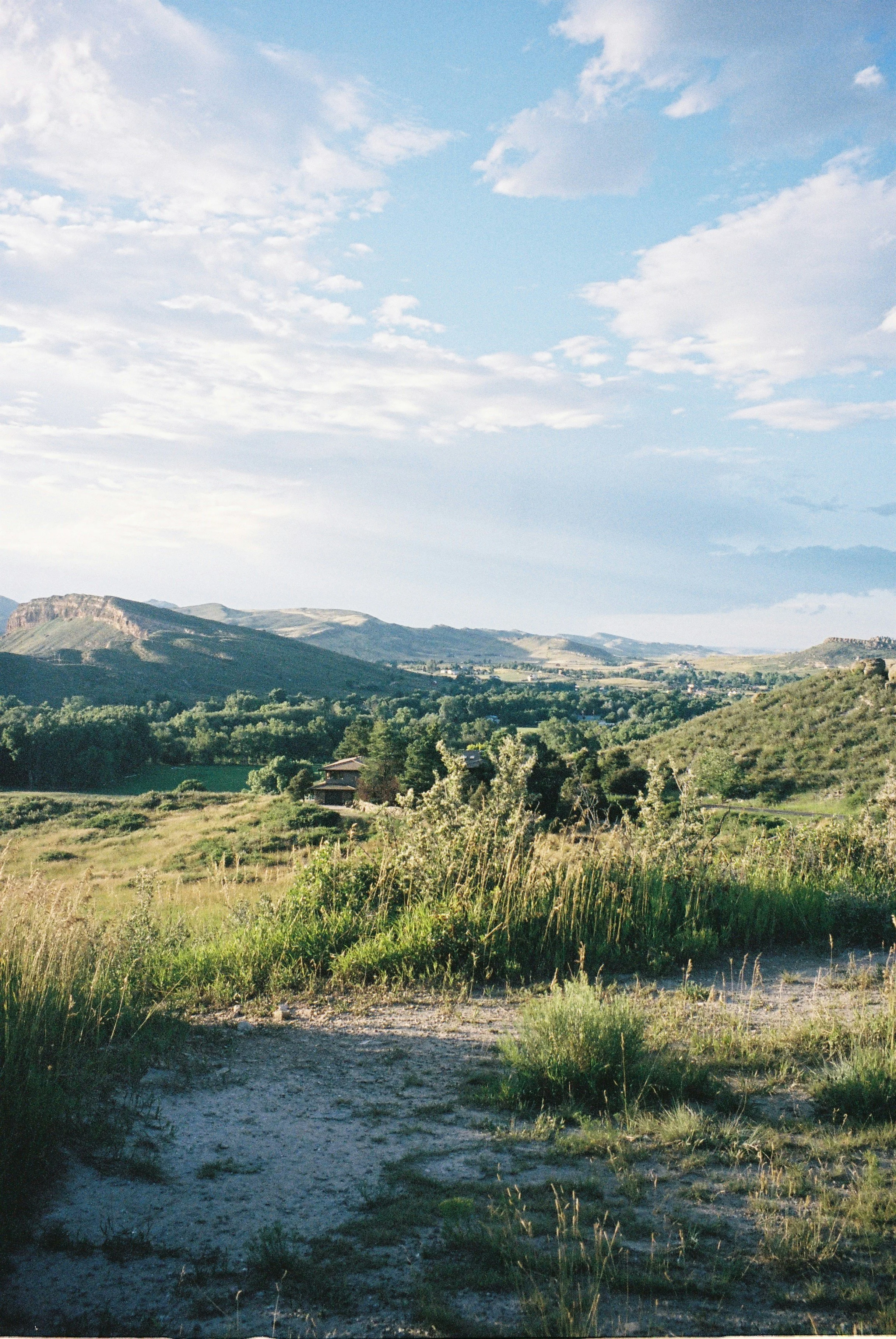 Scenic view of Fort Collins foothills, sparse trees, and distant mountains under a partly cloudy sky.