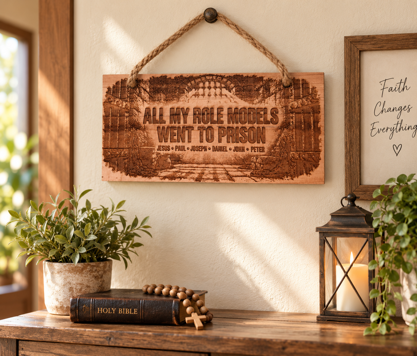 All My Role Models Went to Prison Wood Hanging Sign, Faith Note Decor