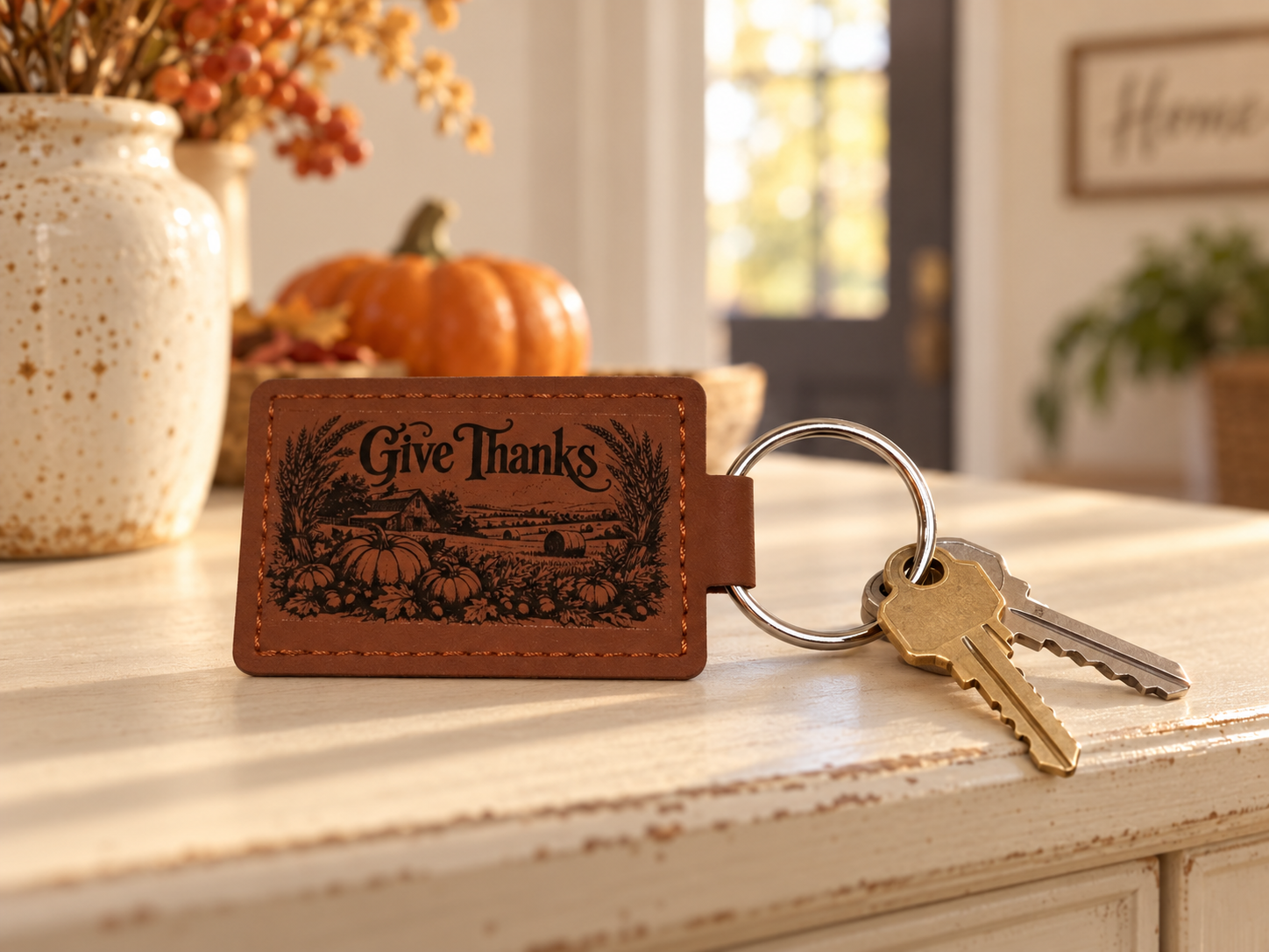 Give Thanks Two-Sided Faux Leather Keychain — Seasonal Stories
