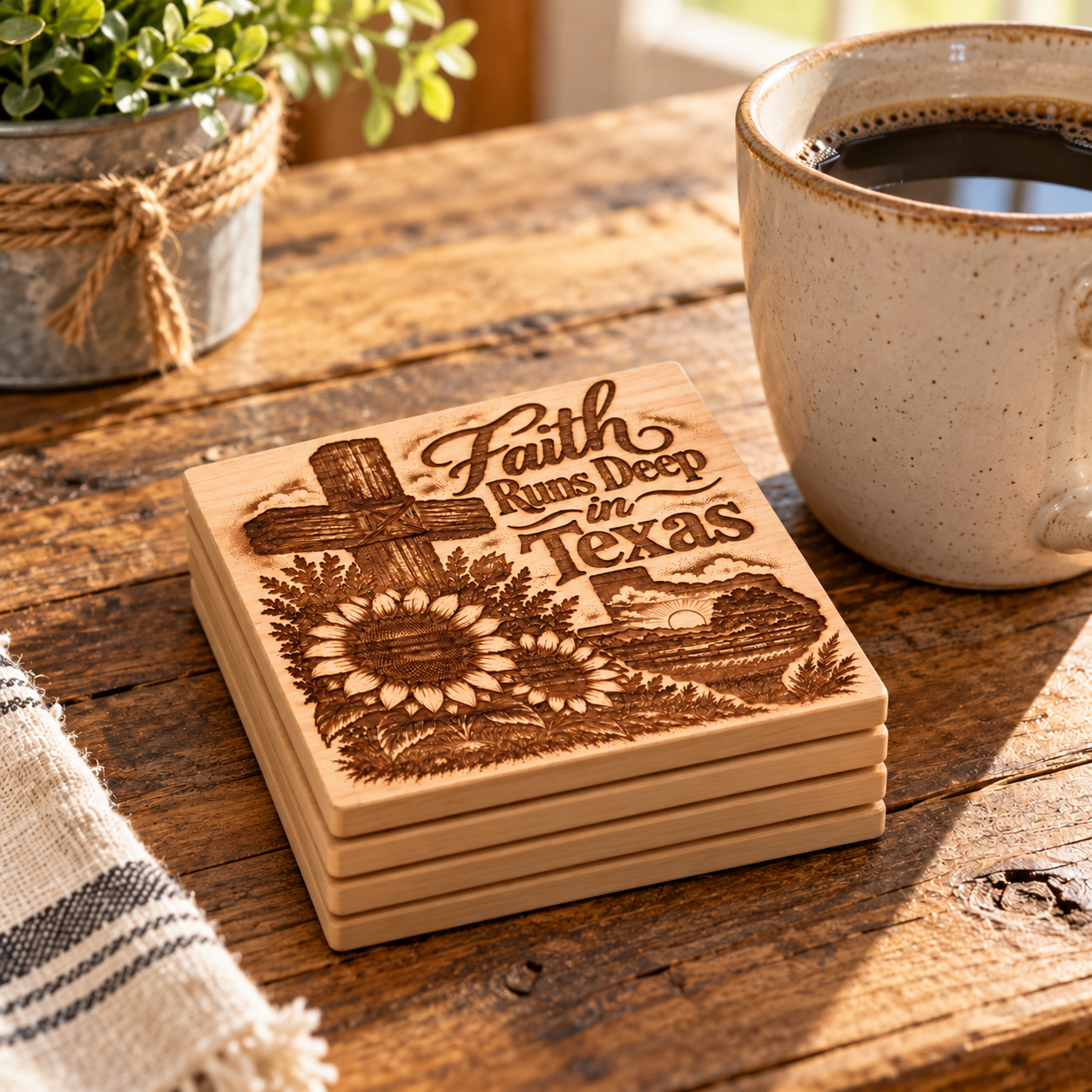 Texas Roots Faith Runs Deep in Texas Square Basswood Coasters, Set of 4, Faith Note
