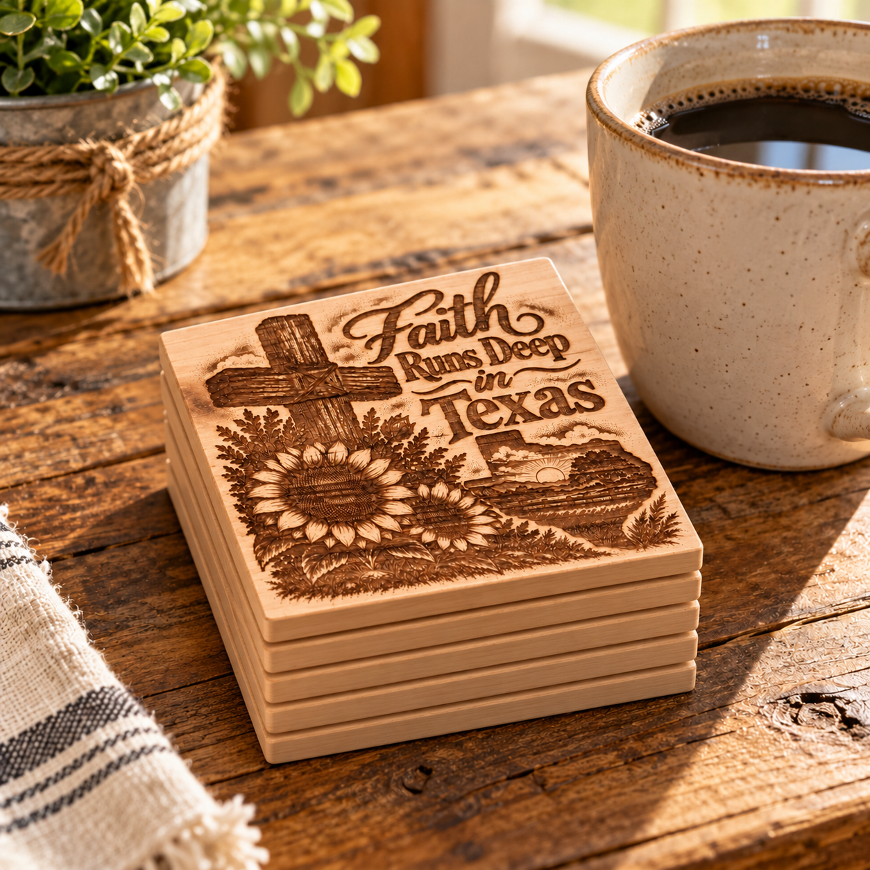 Texas Roots Faith Runs Deep in Texas Square Basswood Coasters, Set of 6, Faith Note