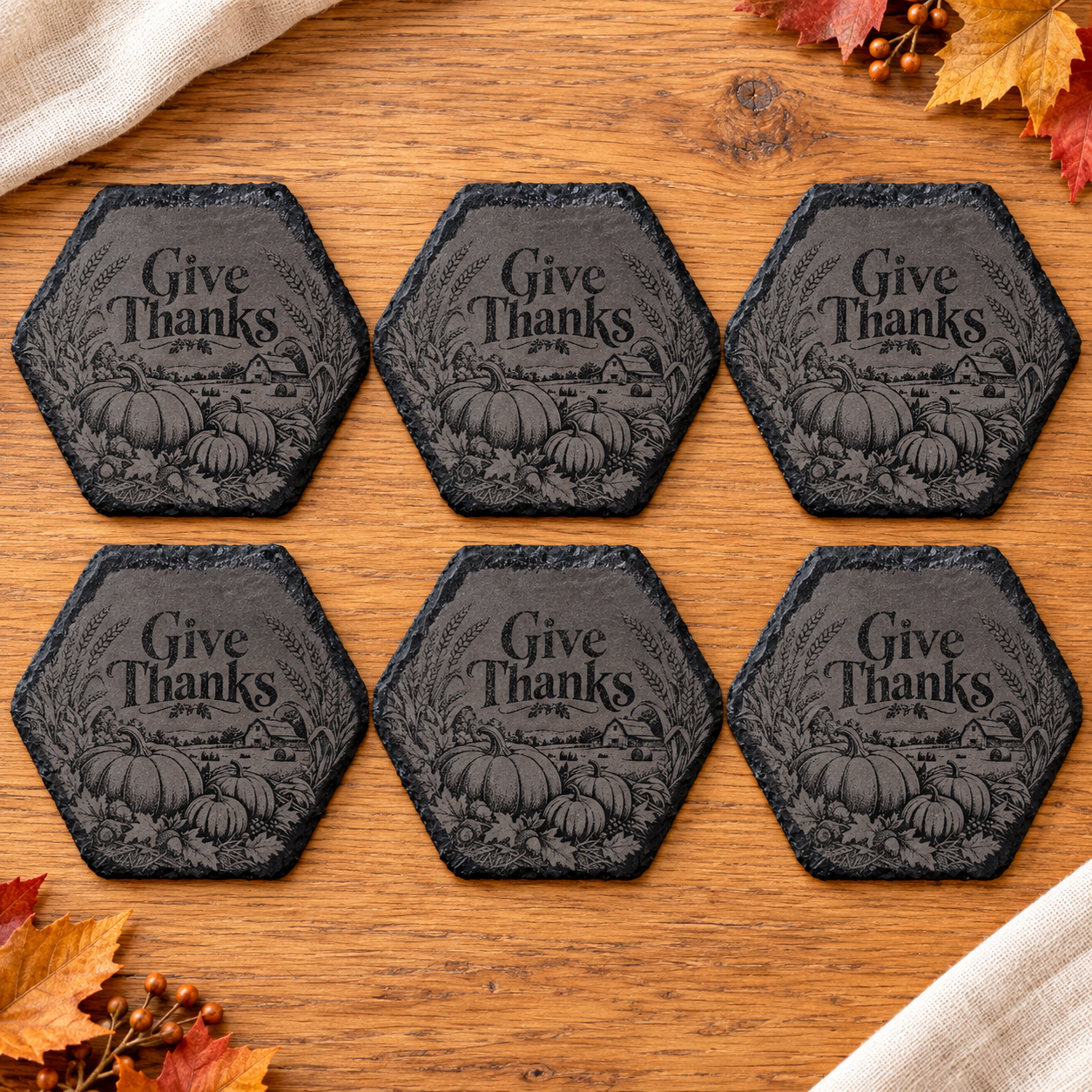 Give Thanks Hexagonal Slate Coasters, Set of 6 — Seasonal Stories