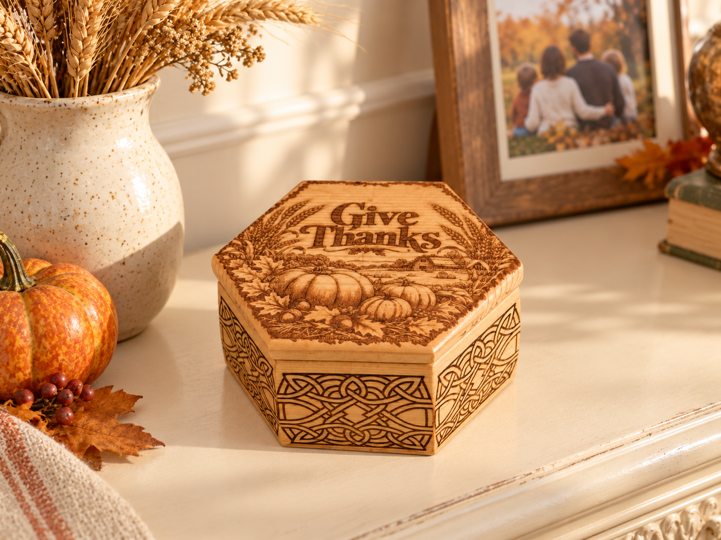 Give Thanks Hexagonal Basswood Keepsake Box — Seasonal Stories