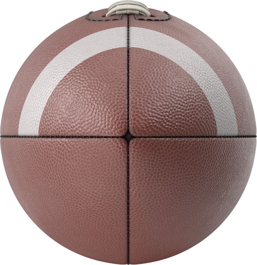 A close-up of a football with white stripes, showing a textured brown surface and black laces.