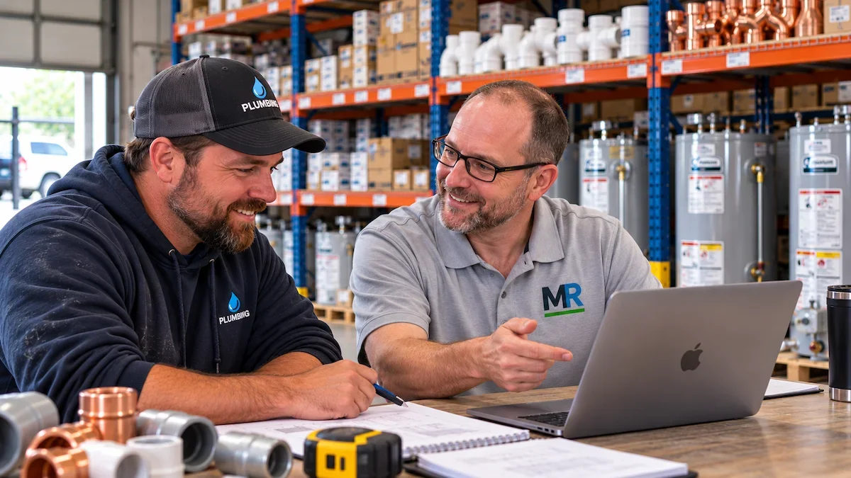Plumbing company owner reviewing a website and SEO audit with a marketing consultant in a plumbing warehouse.