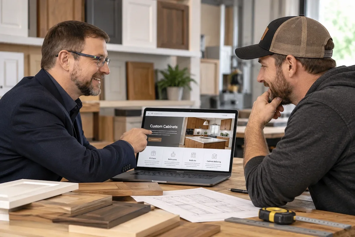 Measurable Results consultant reviewing a custom cabinetry website with a cabinetmaker, discussing on-page SEO improvements, service content and search visibility.
