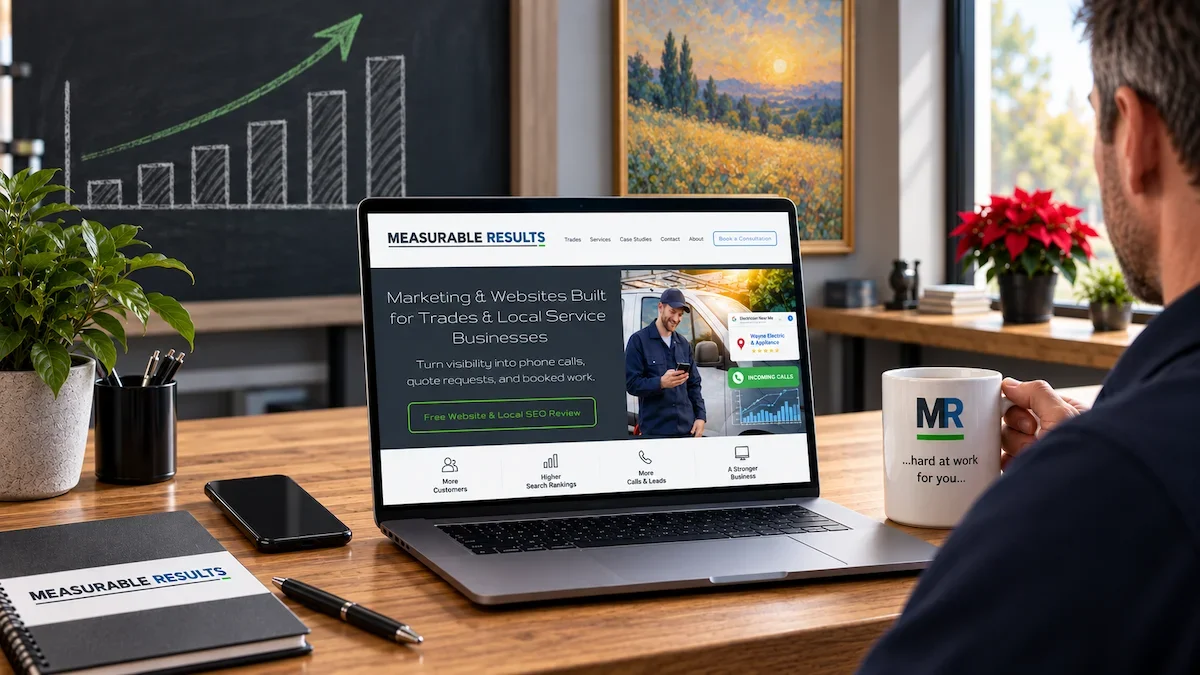 Business owner reviewing the Measurable Results marketing website on a laptop in a professional office.