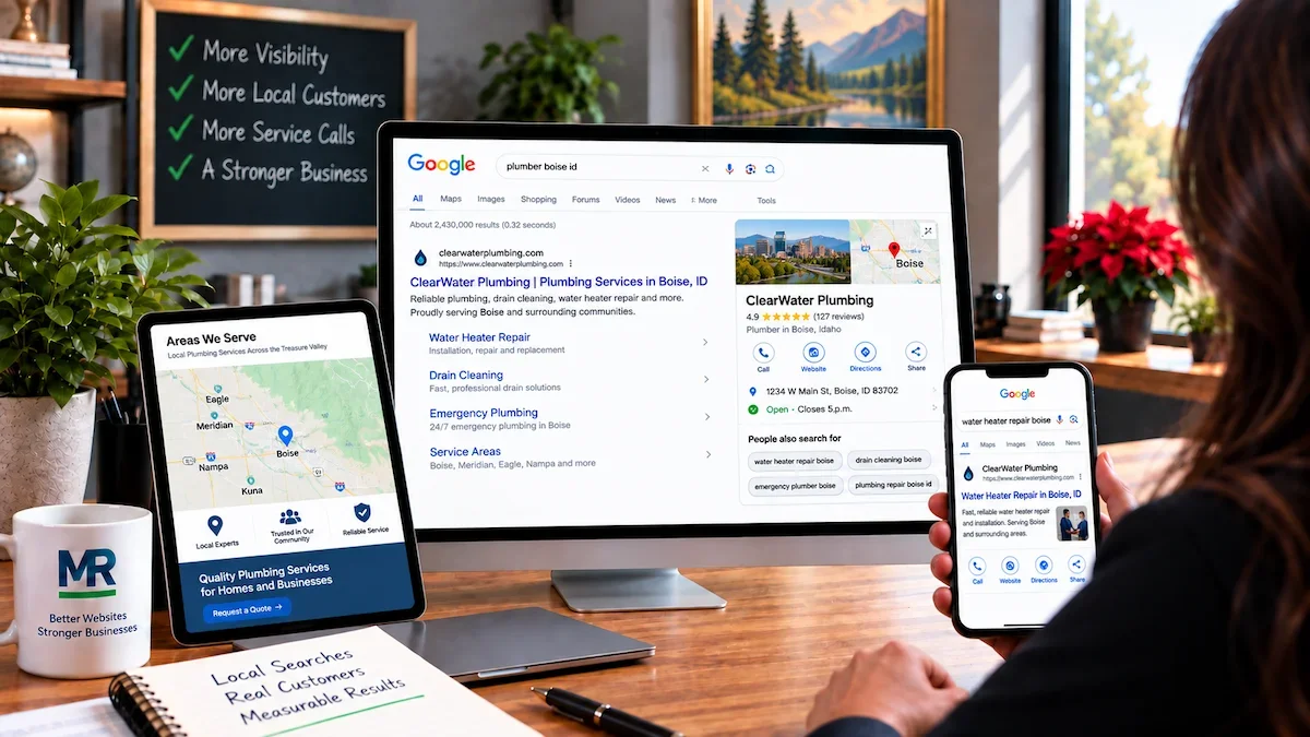 Local SEO visibility for a plumbing company across Google search, service-area maps and mobile search results in Boise, Idaho.