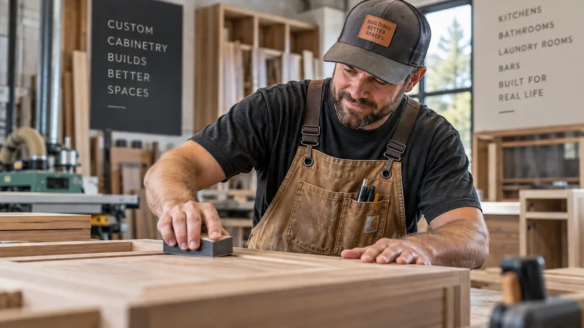 Cabinetmaker sanding a custom wood cabinet door in a professional woodworking shop.