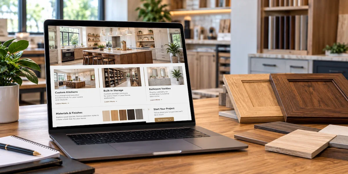 Cabinetry website displaying custom kitchen, built-in storage and bathroom vanity service pages, with wood and cabinet door samples in a cabinetry showroom.