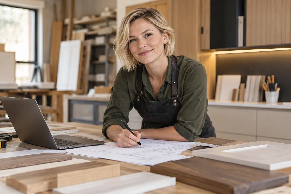 Cabinetmaker reviewing cabinet plans and material samples in a custom cabinetry workshop.