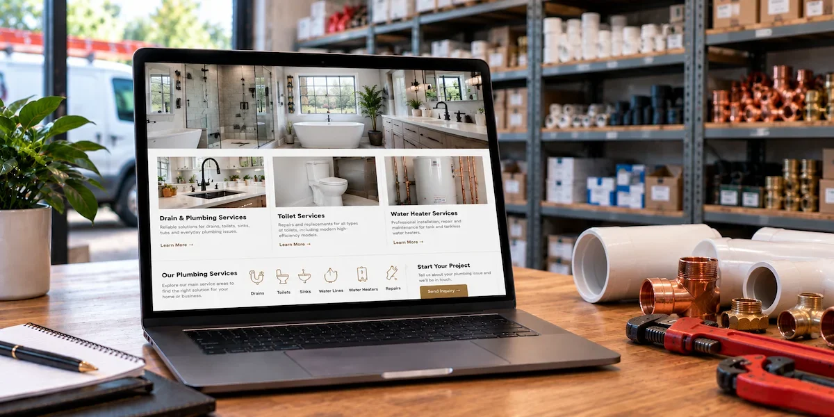 Plumbing company website displaying drain, toilet and water heater service pages on a laptop in a plumbing supply warehouse.