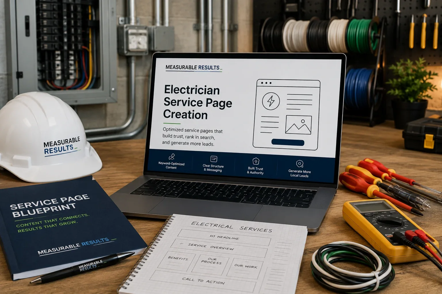 Laptop on a desk showing an electrician service page