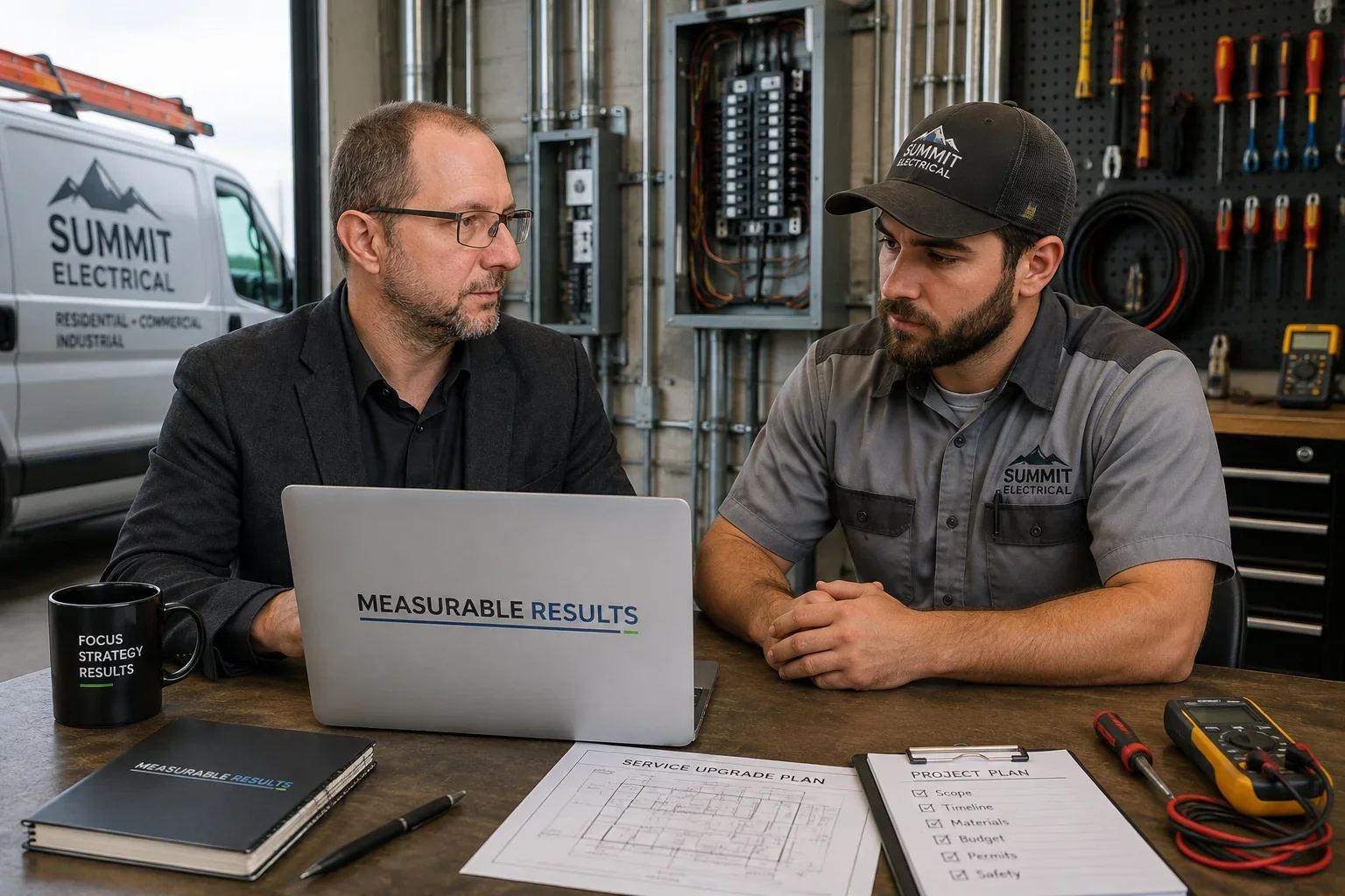 Consultant talking to electrician at his office