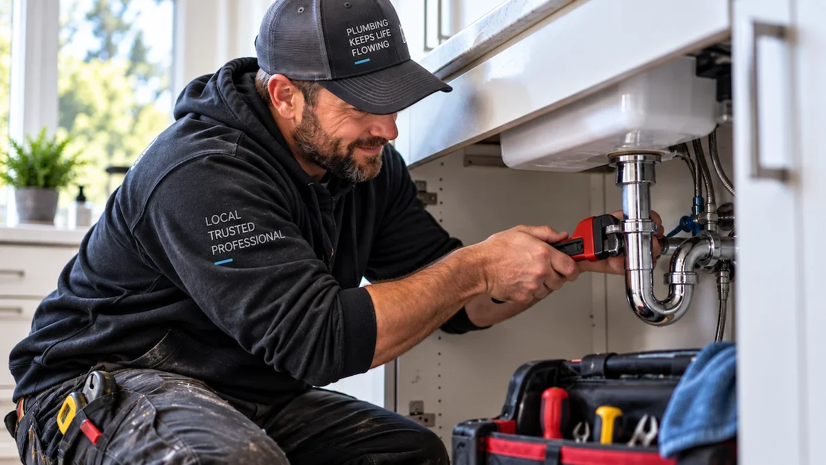 Plumber repairing pipes beneath a kitchen sink in a customer's home.