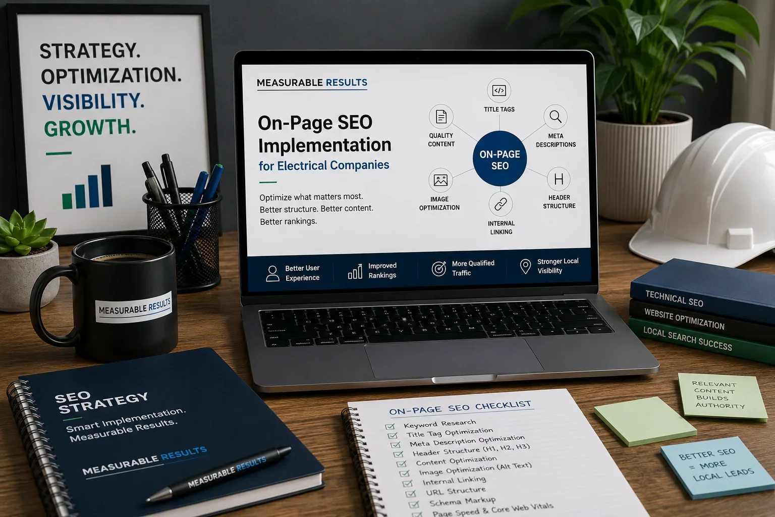 Laptop and notepad on desk with illustrations about on-page SEO