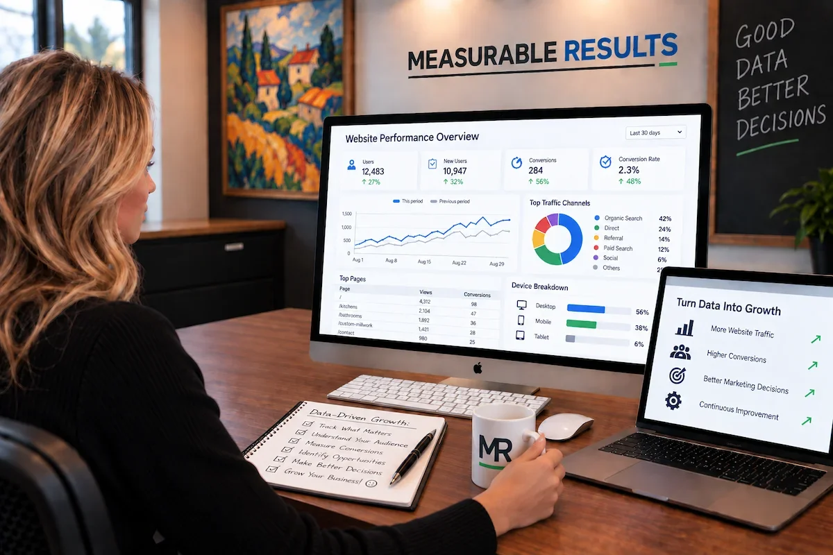Business owner reviewing website analytics and performance data to make better marketing decisions.