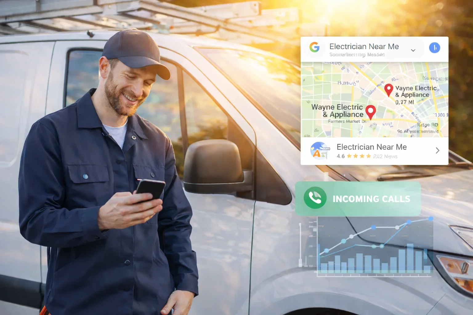 Trades service professional checking phone beside work van while receiving customer calls from Google search results.